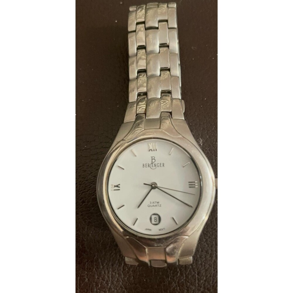Vintage Berenger Men’s Quartz Watch 35mm White Roman Numeral Dial Date Two Tone